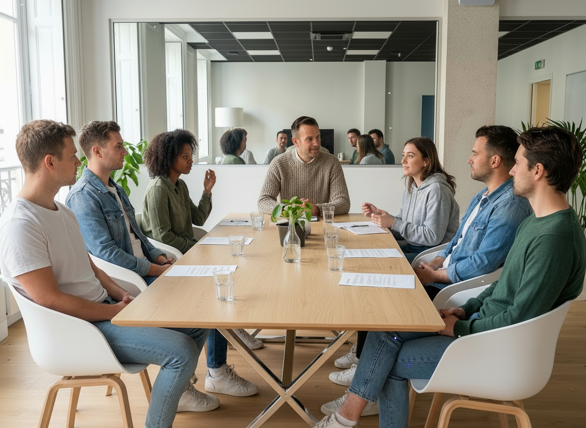 Moderator leading a healthcare focus group in a viewing facility