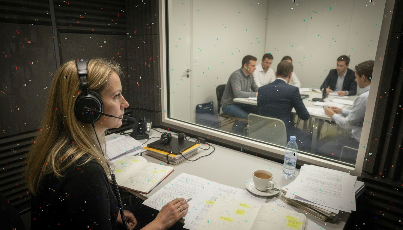 Simultaneous translators working in a viewing facility